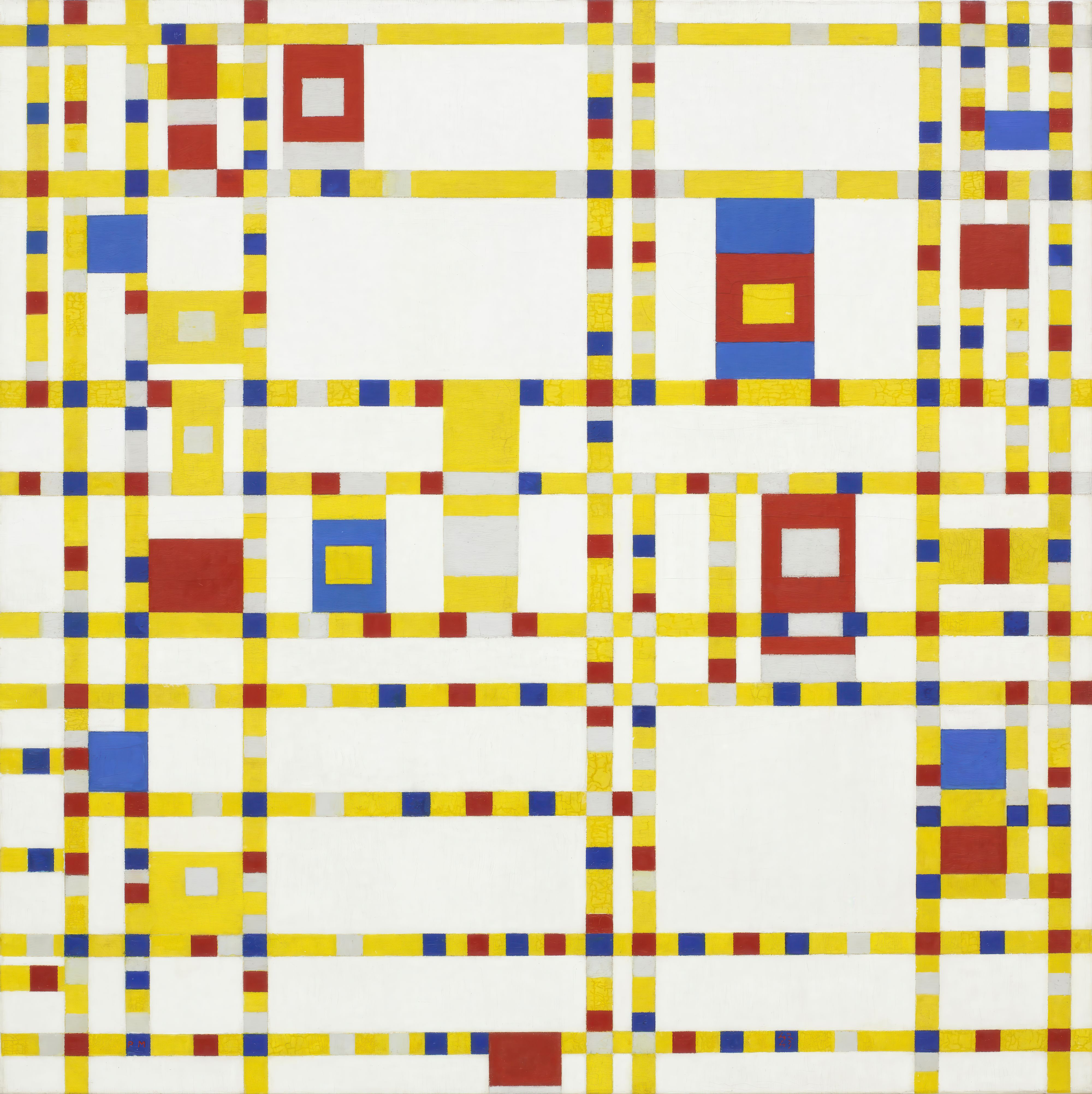 Full view of Broadway Boogie Woogie by Piet Mondrian with five numbered close-view points